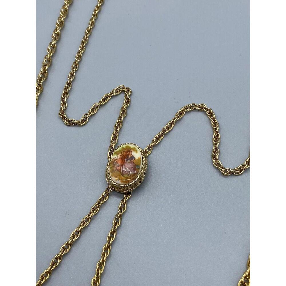 Renaissance Revival Couple Bolo Tie Gold Tone Pearl Double Strand Necklace Rare - Picture 8 of 16